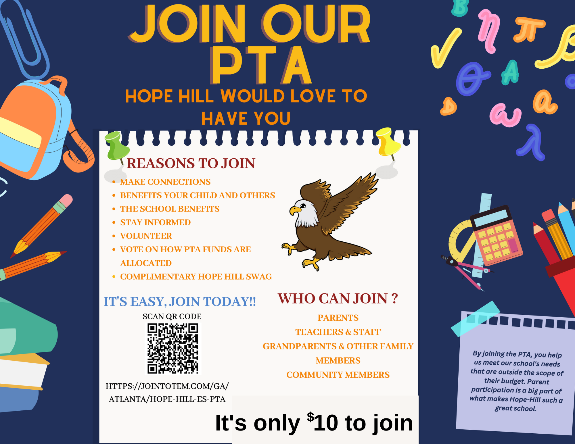 Join our PTA. It's only $10 to join. Scan QR code or use button below.